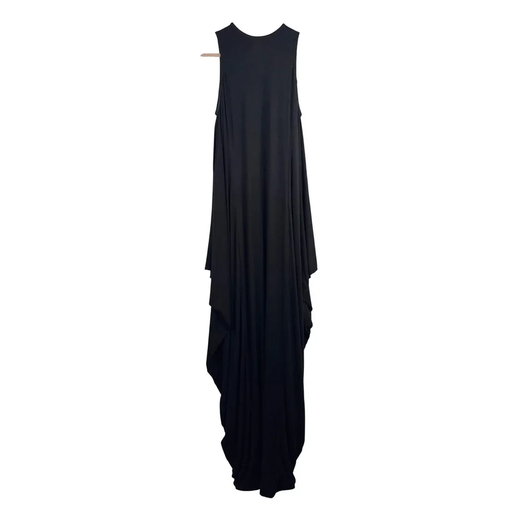 Locker Room Maxi Dress sz‎ S Black Asymmetrical Draped Sleeveless lagen look